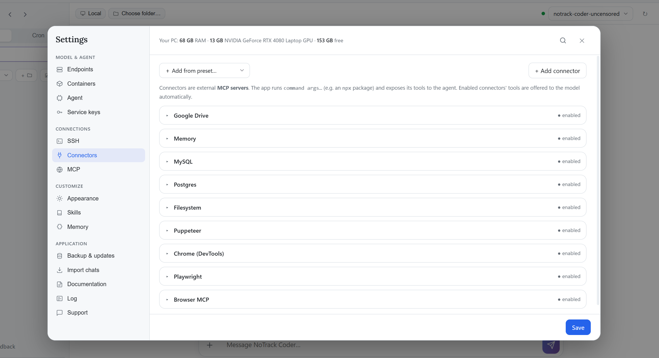 Shared reference: the Connectors settings list. Visible entries do not establish which tools your selected software supports.