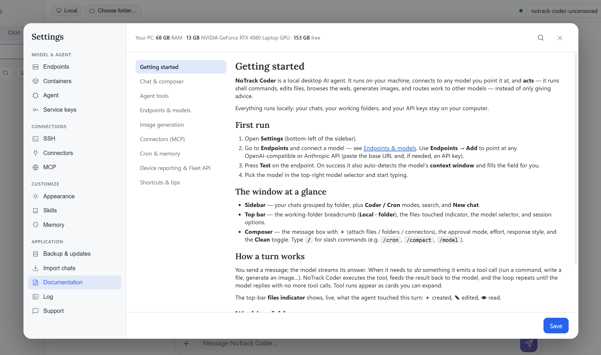 Shared reference: a Getting started documentation view. Verify installation and endpoint instructions for your actual software.